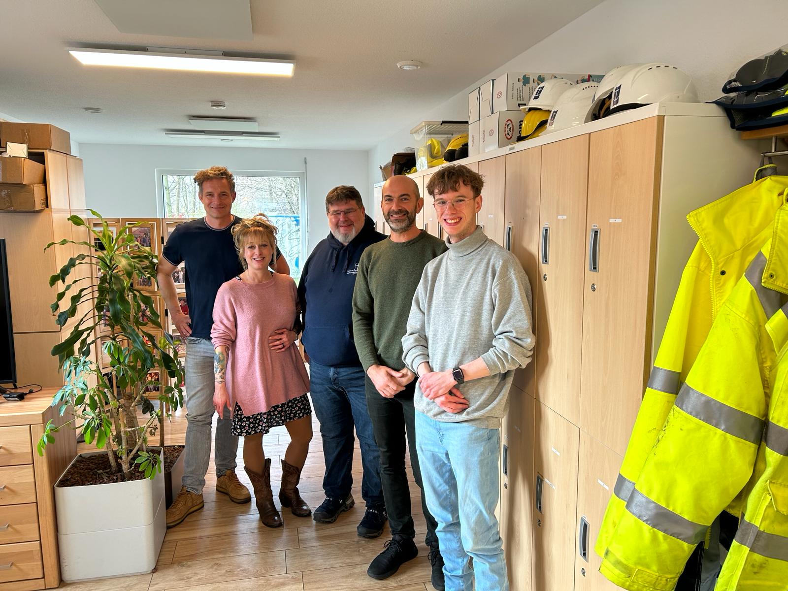 Group photograph taken in the Kubus, left to right, eft to right: Markus Wichmann, Birgit Haaks, Duckdalben Lounge Manager, Jorn Hille, Duckdalben Manager, Luca Tommasi and Johannes Kevin Döll, social worker