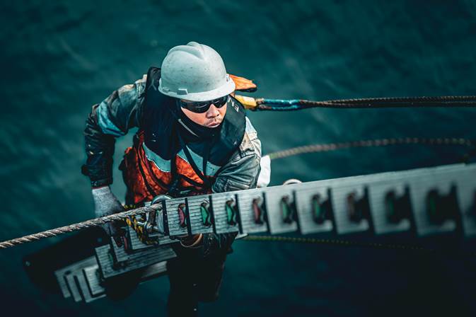 A person wearing a helmet and a hard hat climbing a ladder

AI-generated content may be incorrect.